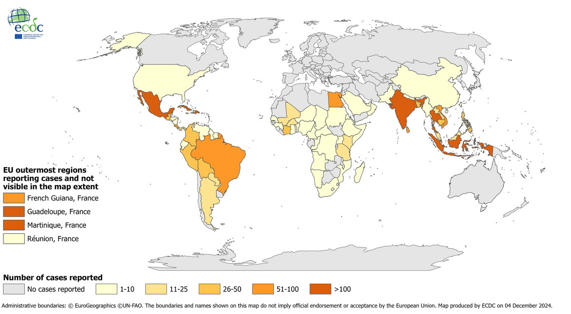 Distribution of travel-associated dengue cases reported to ECDC, by place of infection, 2023